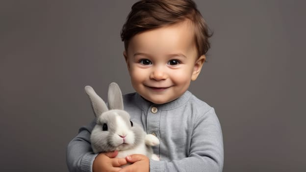 An adorable image of a toddler boy smiling and hugging a cute gray bunny. Perfect for illustrating stories about children, animals, and family. Isolated on a gray background.