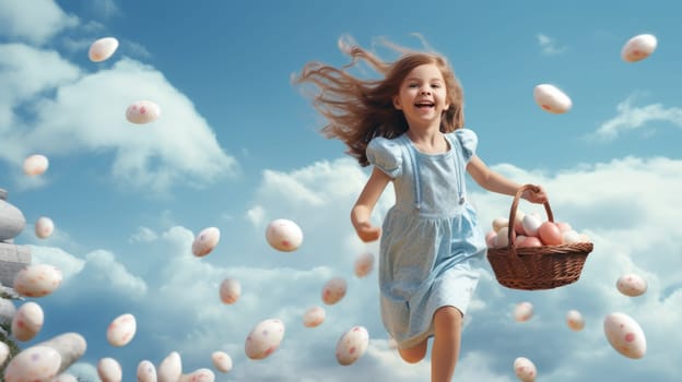 Little happy girl in a blue dress running with a basket full of Easter eggs on a sunny day with blue sky and white clouds in the background. Isolated on a blue background.
