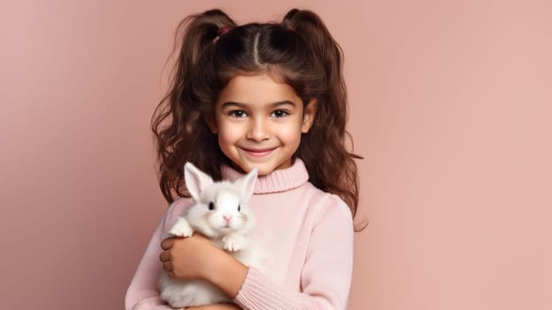A happy young girl with long flowing hair wearing a cozy pink sweater embraces a fluffy white bunny with a big smile on her face. The adorable duo poses together, radiating pure joy and warmth.