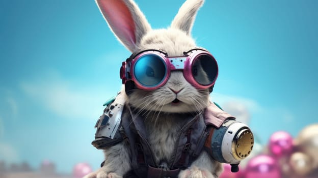 A stylish white rabbit wearing retro goggles and a fashionable outfit against a vibrant blue background. This unique and eye-catching image is sure to capture attention and leave a lasting impression.