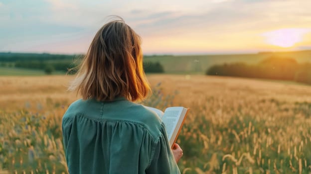 Back view of caucasian girl reading a book at meadow during sunset. Generative AI.