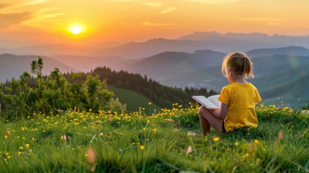 Back view of caucasian girl reading a book at meadow during sunset. Generative AI.