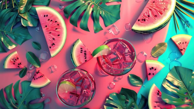 Background summer party colorful with watermelon. Generative AI.