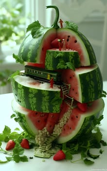 A watermelon, a type of fruit from the Citrullus plant, with a train carved into it. A unique and creative food ingredient for natural foods cuisine