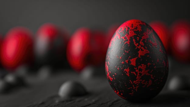 Red and black Easter Eggs on dark Background. Happy Easter eggs.