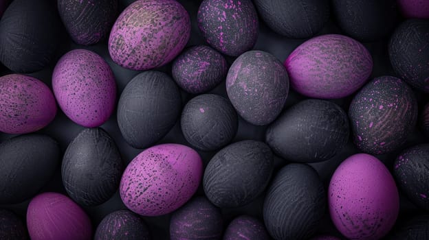 Purple and black Easter Eggs on dark Background. Happy Easter eggs.