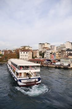 Turkey istanbul 18 july 2023. Transport ferry in the Bosphorus. Ferryboat carries passengers.