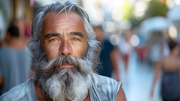 A man with a wellgroomed beard, mustache, and wrinkles on his jaw is posing for the camera. This facial hair art captures a moment in history at a special event