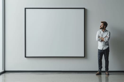 Empty white horizontal frame mockup in living room wall with person standing at side.