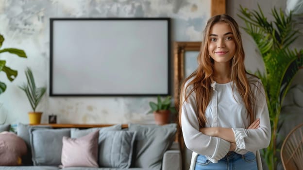 Empty white horizontal frame mockup in living room wall with person standing at side.