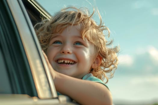Happy kids looks out the car window, Family holiday vacation travel, Summer road trip concept.