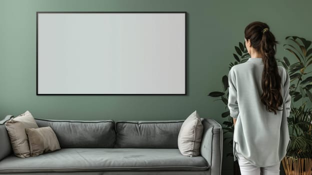 Empty white horizontal frame mockup in living room wall with person standing at side.