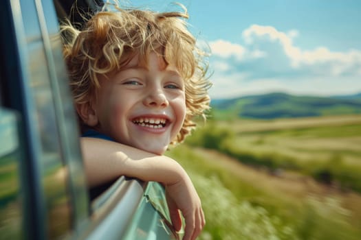 Happy kids looks out the car window, Family holiday vacation travel, Summer road trip concept.