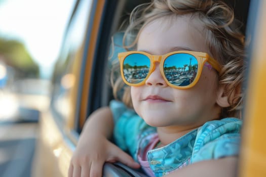 Happy kids looks out the car window, Family holiday vacation travel, Summer road trip concept.