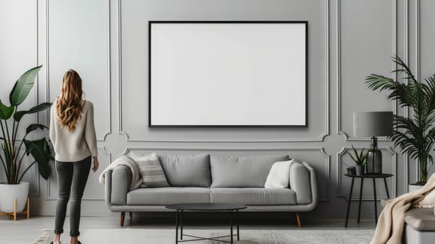 Empty white horizontal frame mockup in living room wall with person standing at side.