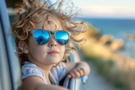 Happy kids looks out the car window, Family holiday vacation travel, Summer road trip concept.