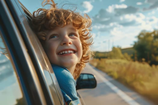 Happy kids looks out the car window, Family holiday vacation travel, Summer road trip concept.