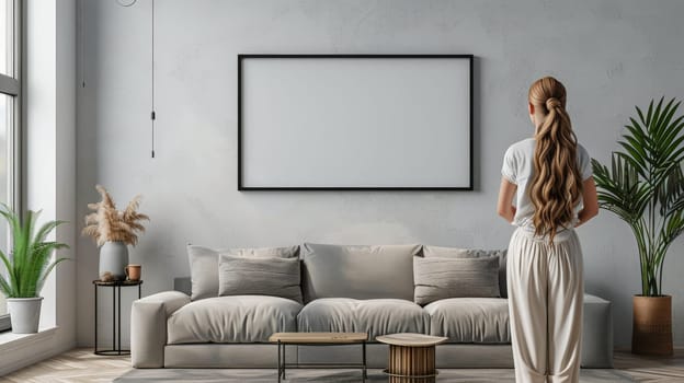 Empty white horizontal frame mockup in living room wall with person standing at side.