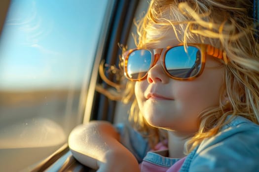 Happy kids looks out the car window, Family holiday vacation travel, Summer road trip concept.