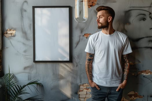 Empty white horizontal frame mockup in living room wall with person standing at side.