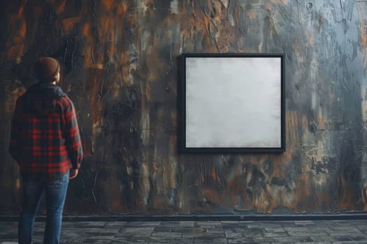 Empty white horizontal frame mockup in living room wall with person standing at side.