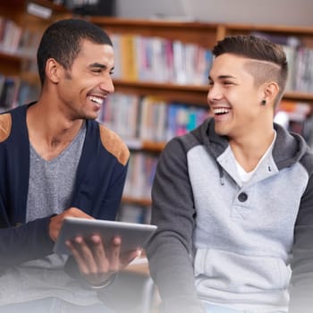 Tablet, library and young men with laughing for social media meme and online comedy on break in college, University student, touchscreen and happy for collaboration for assignment or browse to relax.