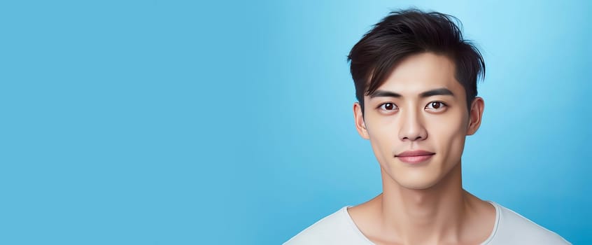 Elegant handsome young male guy Asian, on blue background, banner, copy space, portrait. Advertising of cosmetic products, spa treatments, shampoos and hair care products, dentistry and medicine, perfumes and cosmetology for men