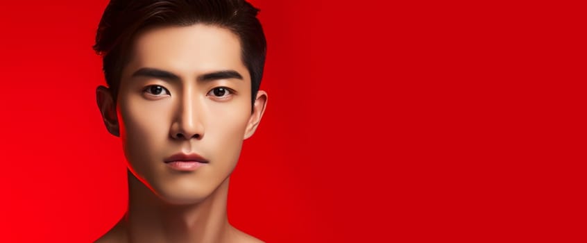 Elegant handsome young male guy Asian, on red background, banner, copy space, portrait. Advertising of cosmetic products, spa treatments, shampoos and hair care products, dentistry and medicine, perfumes and cosmetology for men