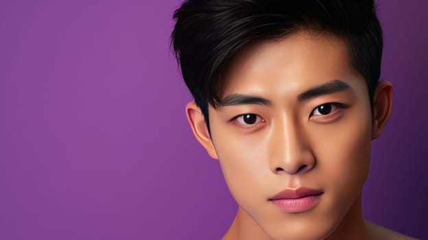 Elegant handsome young male guy Asian, on purple background, banner, copy space, portrait. Advertising of cosmetic products, spa treatments, shampoos and hair care products, dentistry and medicine, perfumes and cosmetology for men