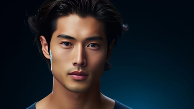 Elegant handsome young male guy Asian, on a dark blue background, banner, copy space, portrait. Advertising of cosmetic products, spa treatments, shampoos and hair care products, dentistry and medicine, perfumes and cosmetology for men