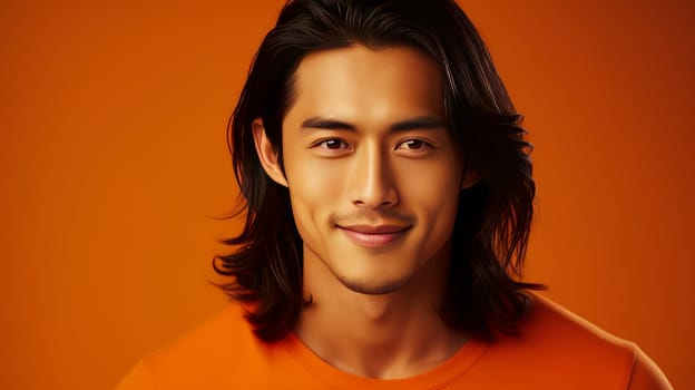 Elegant handsome smiling young Asian man with long hair, yellow orange background, banner, copy space, portrait. Advertising cosmetic products, spa treatments, shampoos and hair care products, dentistry and medicine, perfumes and cosmetology for men