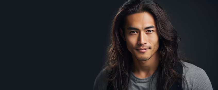 Elegant handsome smiling young Asian man with long hair, on silver, banner, copy space, portrait. Advertising of cosmetic products, spa treatments, shampoos and hair care products, dentistry and medicine, perfumes and cosmetology for men