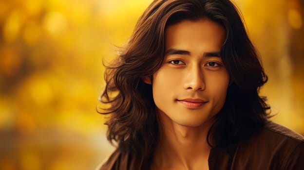 Elegant handsome smiling young Asian man with long hair, on gold, banner, copy space, portrait. Advertising of cosmetic products, spa treatments, shampoos and hair care products, dentistry and medicine, perfumes and cosmetology for men