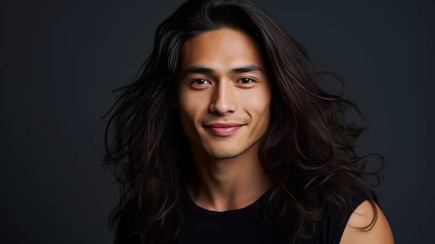 Elegant handsome smiling young Asian man with long hair, on grey, banner, copy space, portrait. Advertising of cosmetic products, spa treatments, shampoos and hair care products, dentistry and medicine, perfumes and cosmetology for men