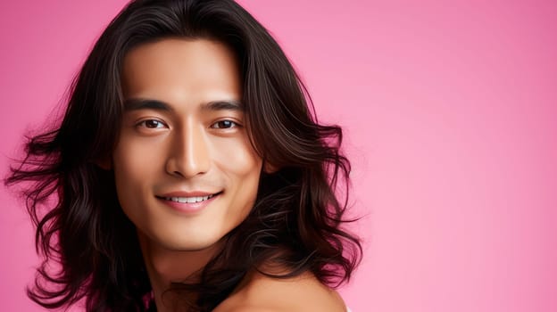 Elegant handsome smiling young Asian man with long hair, on pink, banner, copy space, portrait. Advertising of cosmetic products, spa treatments, shampoos and hair care products, dentistry and medicine, perfumes and cosmetology for men