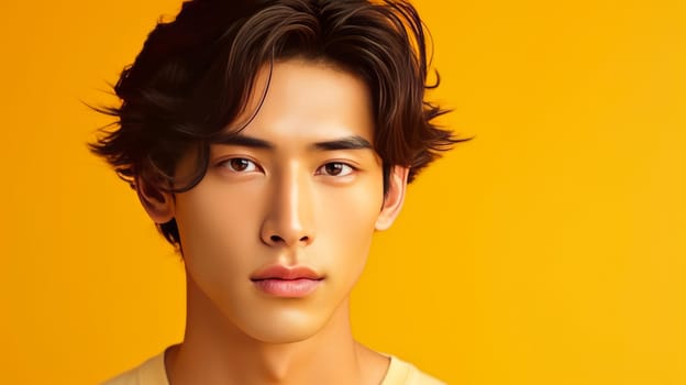 Elegant handsome young male guy Asian, on yellow, banner, copy space, portrait. Advertising of cosmetic products, spa treatments, shampoos and hair care products, dentistry and medicine, perfumes and cosmetology for men