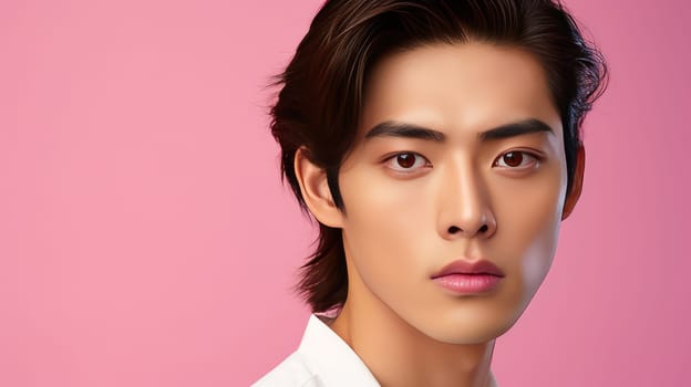 Elegant handsome young male guy Asian, on pink background, banner, copy space, portrait. Advertising of cosmetic products, spa treatments, shampoos and hair care products, dentistry and medicine, perfumes and cosmetology for men