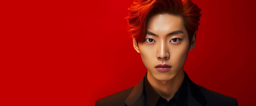 Elegant handsome young male Asian guy with short red hair, on a red background, banner, copy space, portrait. Advertising of cosmetic products, spa treatments, shampoos and hair care products, dentistry and medicine, perfumes and cosmetology for men