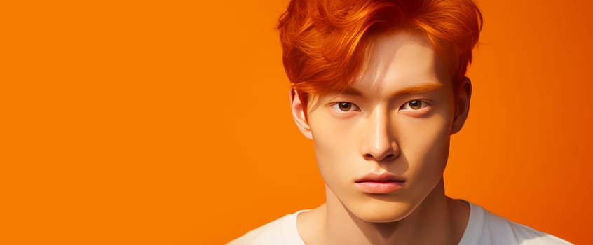 Elegant handsome young male Asian guy with short red hair, yellow orange background, banner, copy space, portrait. Advertising of cosmetic products, spa treatments, shampoos and hair care products, dentistry and medicine, perfumes and cosmetology men