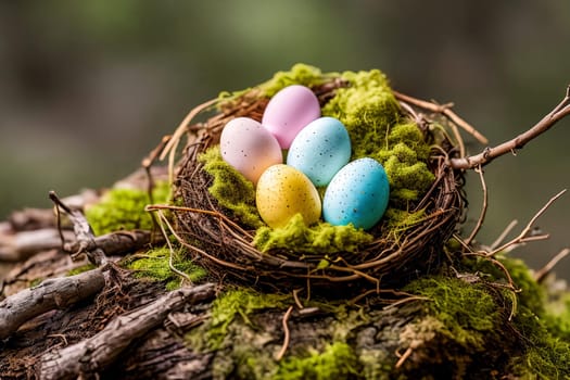 Eggcellent Easter Nest. A nest crafted from twigs, moss, and feathers, adorned with speckled eggs of different sizes and hues, set against a natural background to showcase the intricate beauty of nature's creations.