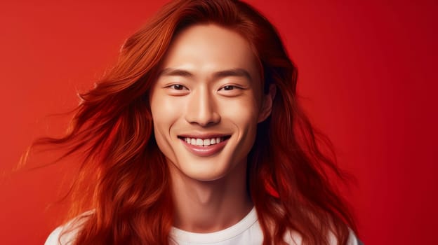 Handsome young male guy smile Asian with long red hair, on red background, banner, copy space, portrait. Advertising of cosmetic products, spa treatments, shampoos and hair care products, dentistry and medicine, perfumes and cosmetology for men