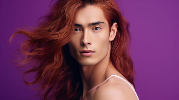 Handsome young male guy smile Asian with long red hair, on purple background, banner, copy space, portrait. Advertising of cosmetic products, spa treatments, shampoos and hair care products, dentistry and medicine, perfumes and cosmetology for men