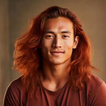 Handsome young male guy smile Asian with long red hair, on creamy beige background, banner, copy space, portrait. Advertising of cosmetic products, spa treatments, shampoos and hair care products, dentistry and medicine, perfumes and cosmetology men