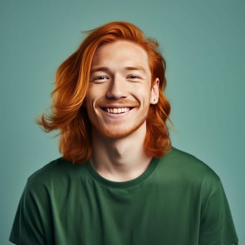 Handsome young man guy smile Asian with long red hair, on a light green background, banner, copy space, portrait. Advertising of cosmetic products, spa treatments, shampoos and hair care products, dentistry and medicine, perfumes and cosmetology men