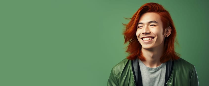 Handsome young man guy smile Asian with long red hair, on a light green background, banner, copy space, portrait. Advertising of cosmetic products, spa treatments, shampoos and hair care products, dentistry and medicine, perfumes and cosmetology men