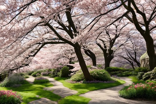 Springtime Botanicals. A collection of botanical elements associated with Easter, cherry blossoms, arranged in a harmonious composition that celebrates the beauty of nature's seasonal renewal.