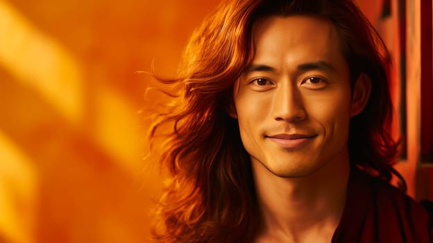Handsome young man guy smile Asian with long red hair, on a gold background, banner, copy space, portrait. Advertising of cosmetic products, spa treatments, shampoos and hair care products, dentistry and medicine, perfumes and cosmetology for men