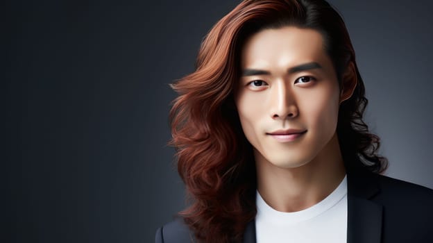 Handsome young male guy smile Asian with long red hair, silver gray background, banner, copy space, portrait. Advertising of cosmetic products, spa treatments, shampoos and hair care products, dentistry and medicine, perfumes and cosmetology for men