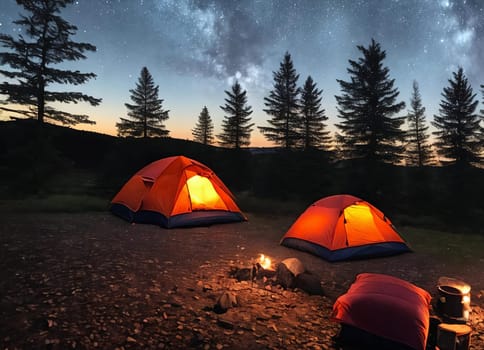 Campsite Coziness. Set up a cozy camping scene with a tent pitched under the starry night sky, illuminated by a warm campfire. Panorama
