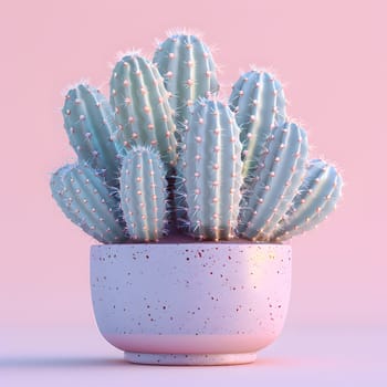 An electric blue cactus planted in a ceramic pink flowerpot, displayed on a pink background. This houseplant is a trendy fashion accessory and a beautiful flowering plant